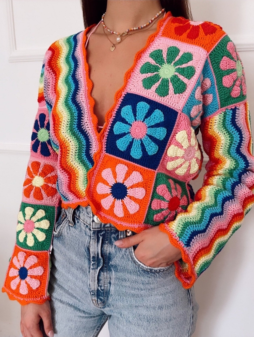 Colorful Crochet Floral Patchwork Women’s Sweater Cardigan Handmade Vintage